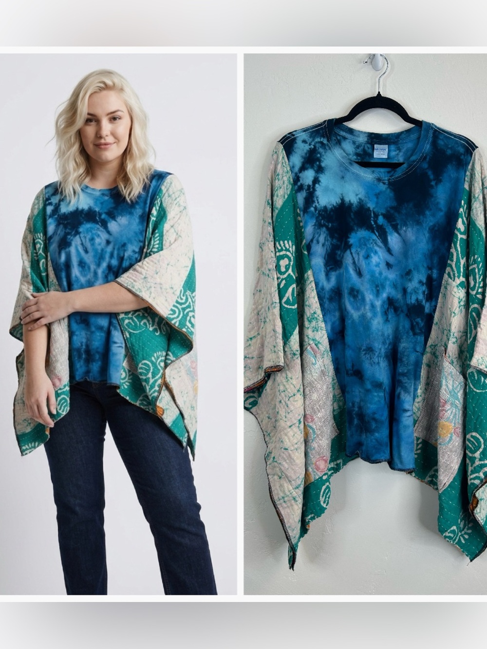 Tie Dye Patchwork Kantha Poncho One Size Pockets Hippie Boho Festival Camping